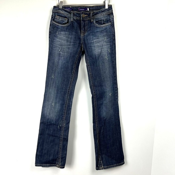 Vigoss Denim - VTG Vigoss Bootcut Jeans Womens 3 Dark Wash Distressed Flap‎ Pocket Y2k Grunge